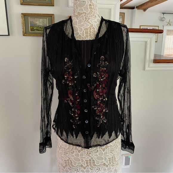 Chan Luu Tops - CHAN LUU Black Mesh Embroidered Top Pleated Shell L